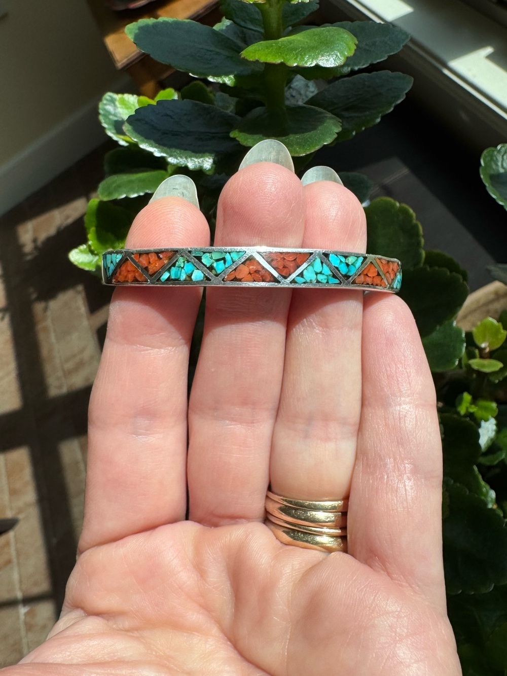 Vintage Sterling Silver Turquoise and Coral Inlay Cuff Bracelet